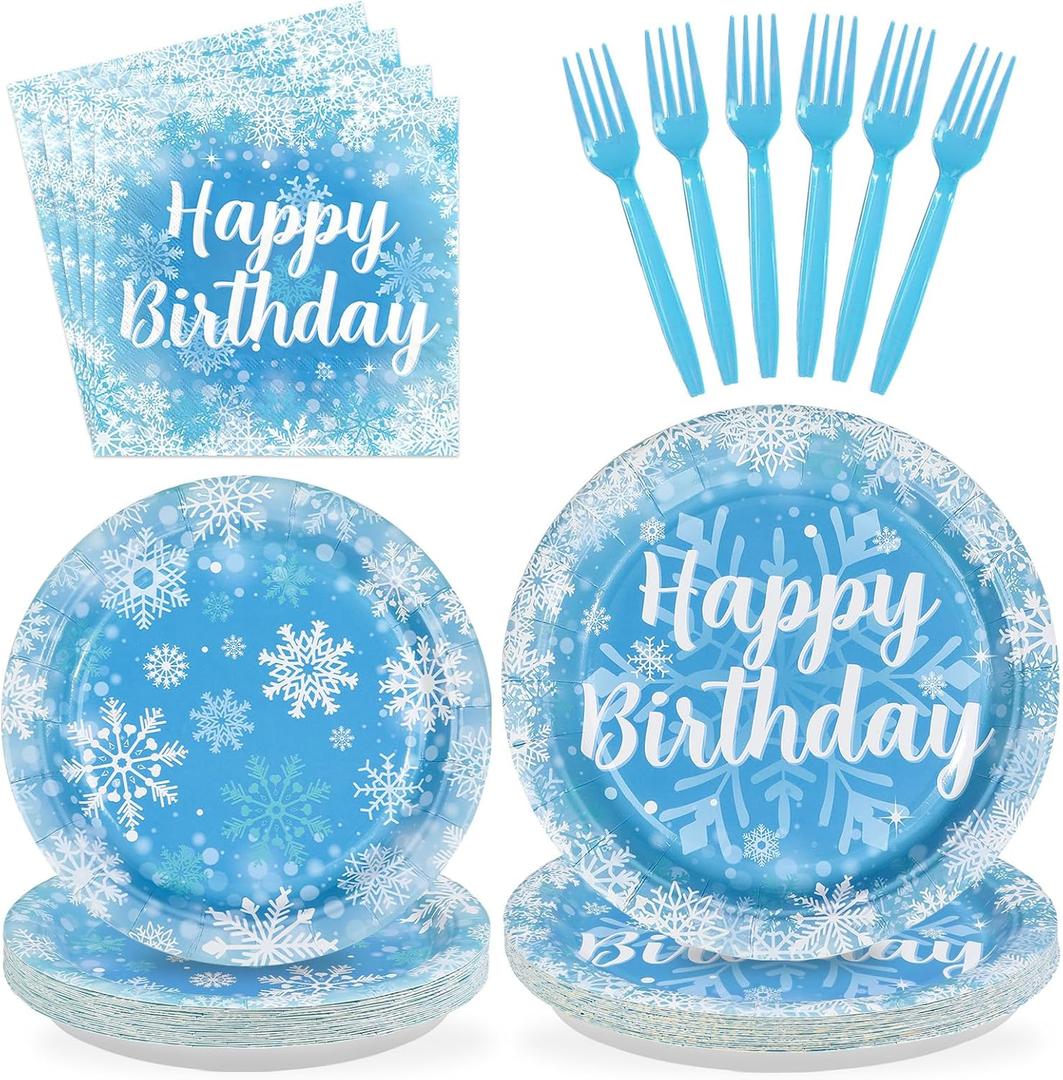 96Pcs Winter Snowflake Birthday Party Decorations Blue Frozen Birthday Paper Plates and Napkins Sets Winter Wonderland Decorations for Girls Princess Christmas Baby Shower Holiday Supplies Serves 24