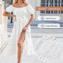 Linsery Women's Summer Square Neck Short Puff Sleeve Casual Smocked Flowy A Line Tiered Split Midi Dress (White, XL)