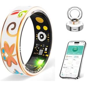 DSHKISK Smart Ring for Women & Men, Fitness Tracker with Heart Rate, SpO2, Blood Pressure & Sleep Monitoring, IP68 Waterproof, Long Battery Life, No Monthly Fees, for iPhone Android (10#&Floral)