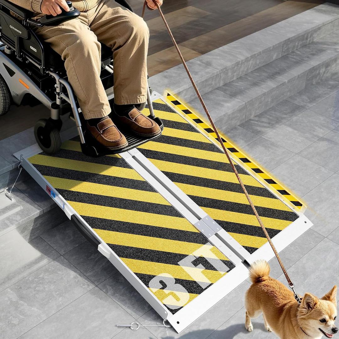 Portable Wheelchair Ramp 3 FT, Aluminum Folding Ramps for Wheelchairs for Home Steps with Handle & Non-Skid Surface, 600 lbs Capacity Threshold Ramps for Doorways, Steps, Front Porch, Stairs, Entry