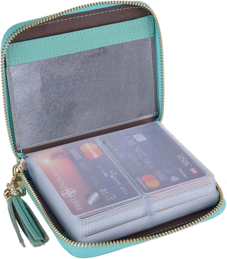 Easyoulife Womens Credit Card Holder Wallet Zip Leather Card Case RFID Blocking (Teal)