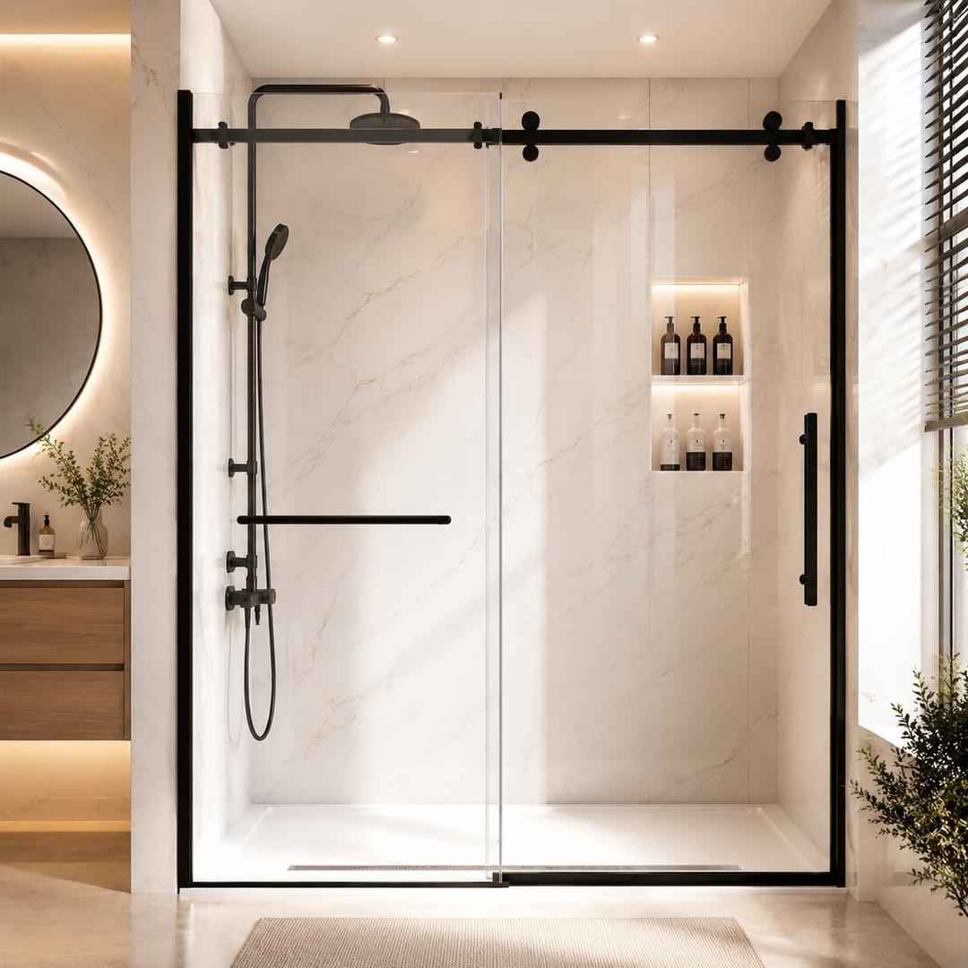 6060.8" W x 76" H Shower Door, Sliding Glass with ExplosionProof Film, Water Repellent Frameless Shower Door with 1/4" (6mm) Clear Tempered Glass, Stainless Steel Hardware, Black