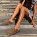 Womens Genuine Suede Clogs for Women Slip-On Buckle Slides Women's Mules & Clogs Natural Rubber Cork Footbed Sandals Potato Shoes with Arch Support (Beige)