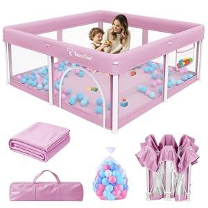 TOREVSIOR Foldable Baby Playpen with Mat, 50"×50" Collapsible Playpen for Babies and Toddlers, Indoor & Outdoor Kids Safety Play Pen, Portable Play Yard, Foldable Baby Play Pen with 50 Ocean Balls