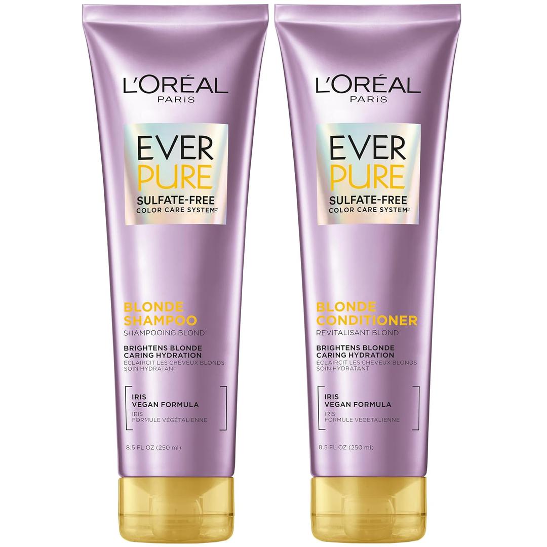 L'Oreal Paris Blonde Sulfate Free Shampoo and Conditioner for Color-Treated Hair, Neutralizes Brass + Balances, EverPure, 8.5 Fl Oz, Set of 2