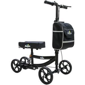 Aojin Knee Scooter, 300lbs Capacity, 13" Big PU Seat, All Terrain Foldable Knee Scooter Walker with Bag for Foot Injuries Compact Crutches Alternative (Black)