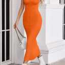 MEROKEETY Womens Summer Bodycon Knit Midi Dress 2026 Spring Beach Vacation V Neck Casual Sleeveless Ribbed Sweater Dresses (Orange, S)