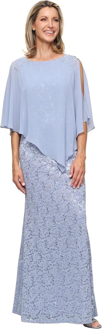 S.L. Fashions Women's Long Sequin Lace Beaded Capelet Overlay Mother of The Bride Dress, Formal Evening Gown 16