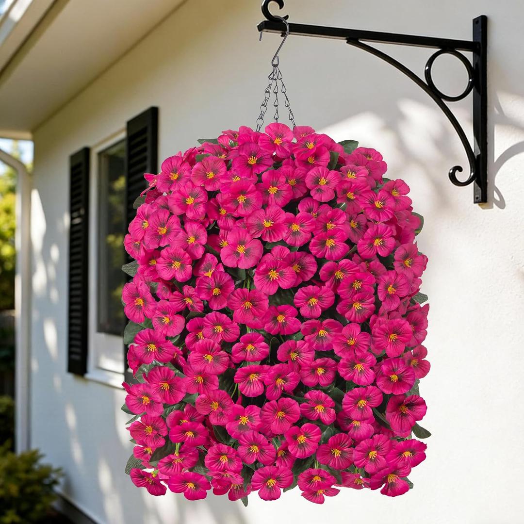 HyeFlora 4pcs Artificial Flowers for Outdoors Fake Pansy with Hanging Basket UV Resistant Silk Spring Faux Flowers for Outside Front Door Porch Yard (Rose)
