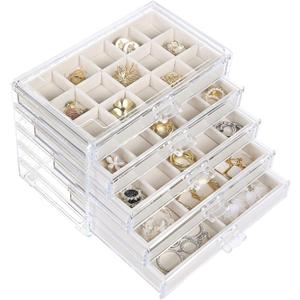 misaya Earring Jewelry Organizer with 5 Drawers, Birthday Present, Clear Acrylic Jewelry Box for Women, Velvet Earring Display Holder for Earrings Ring Bracelet Necklace, Cream