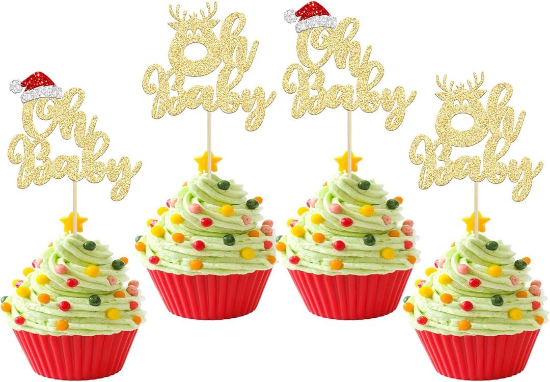 2 x 24Pcs Christmas Oh Baby Cupcake Toppers Gold Glitter Christmas Santa Hat Deer Babyshower Cupcake Picks Baby Shower Christmas Theme Birthday Party Cake Decorations Supplies