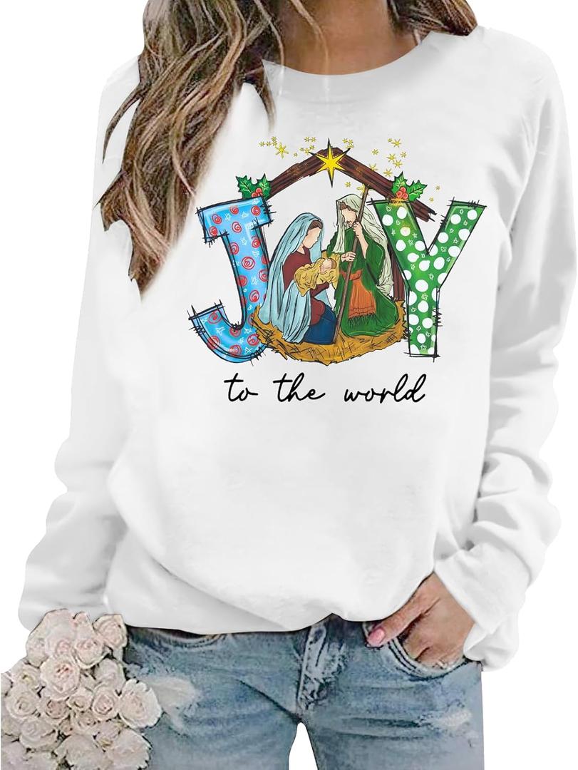 KIDDAD Jesus Christmas Sweatshirts Women Joy to The World Pullover Tops Christian Graphic Shirt Casual Tops (White, XXL)