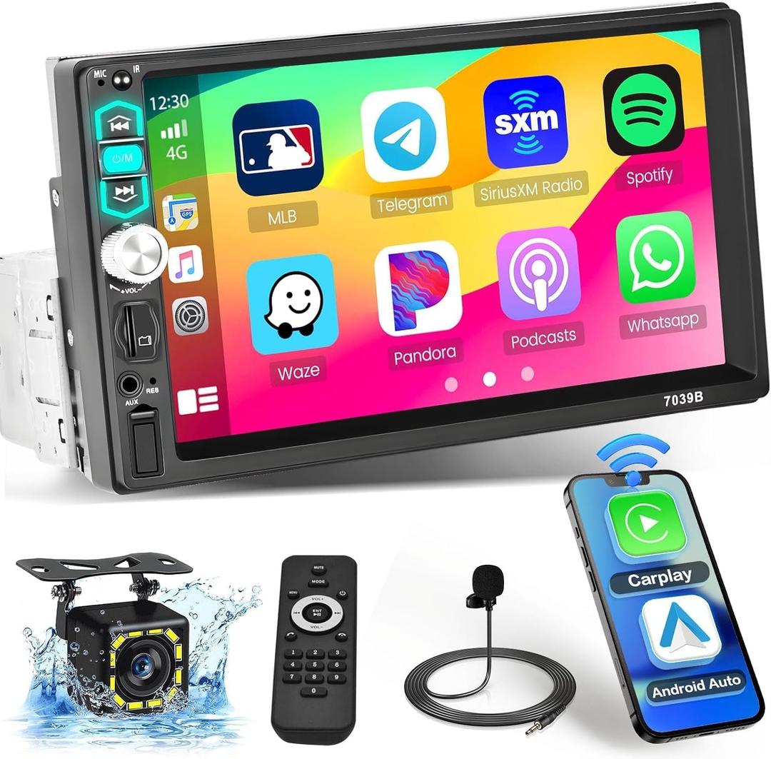 Hikity 7 Inch Single Din Stereo with Wireless Carplay Android Auto, 1 Din Touch Screen Car Radio with Bluetooth 5.1, Mirror Link, FM SWC USB EQ Backup Camera Mic