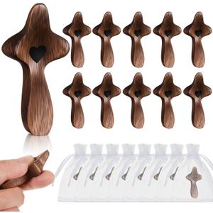 Threehoney 10 Pcs Cross My Heart, Encouragement Gift Small Wooden Handheld Pocket Crosses in Bulk with Organza Bag Wood Fingertip Stress Fidget Relief Religious Craft for Christians Prayer Church