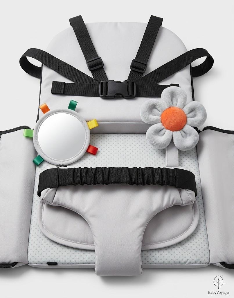Ultimate 3-in-1 Baby Travel Set: Ultra-Portable Travel Bassinet, Activity Mat with Safety Harness, and Plush Developmental Toys (Mirror & Flower Rattle)