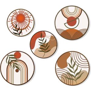 Zzbakress 5 Pcs Boho Wall Decor Farmhouse Wooden Round Bathroom Decor Vintage Boho Wall Decor Modern Aesthetic Minimalist Wooden Wall Art for Bedroom Office (Fresh, 5)