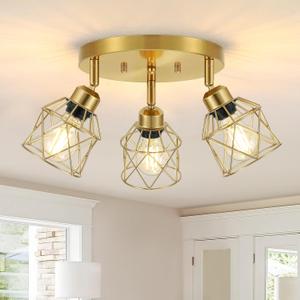Baocuz 3-Light Brushed Gold Kitchen Light Fixtures, Modern Close to Ceiling Light with Metal Cage, Multi-Directional Gold Ceiling Lights for Farmhouse, Hallway, Dining Room, Entryway