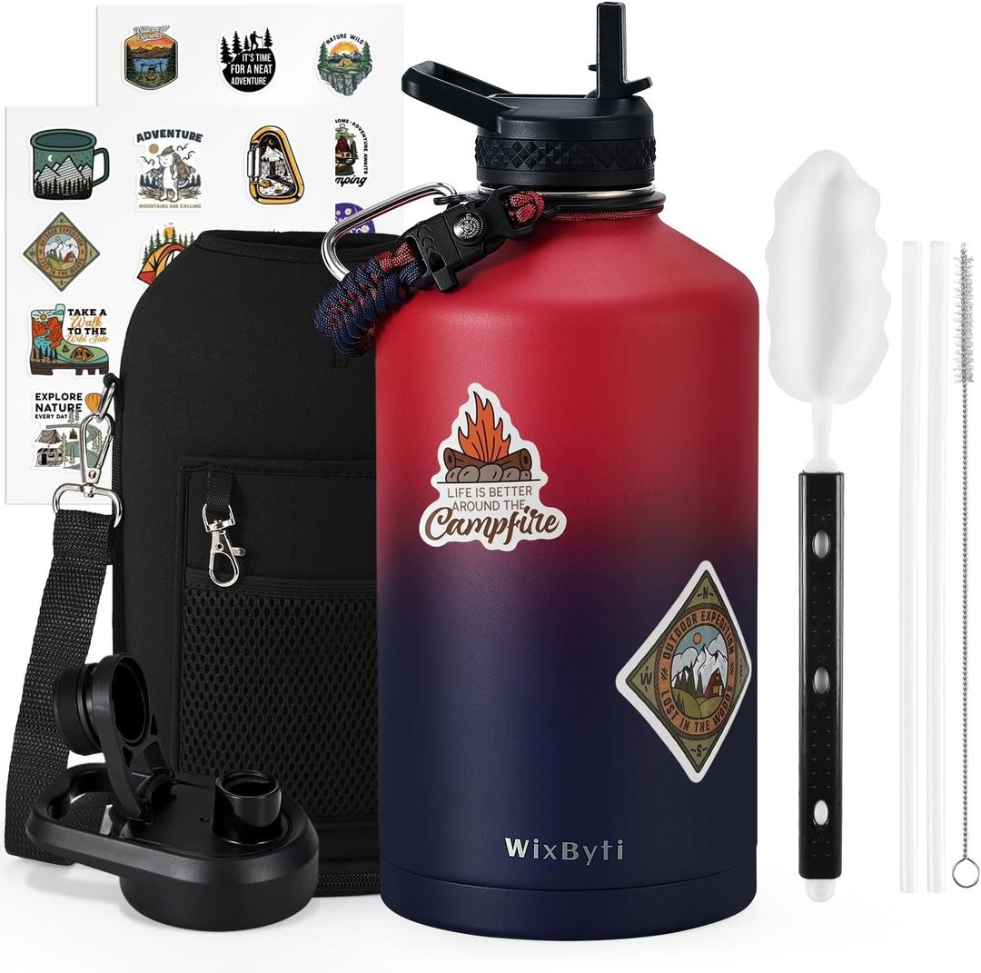 WixByti One Gallon Water Bottle Insulated, Triple Wall Vacuum Cold for 48 Hrs & Leak-proof & Non-BPA, 128oz Christmas Stainless Steel Gifts Water Jug with Paracord Handle Straw Spout Lids