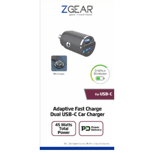 ZGEAR Adaptive Fast Charger Dual USB-C Car Charger, 45 Watts Total Power, for USB-C