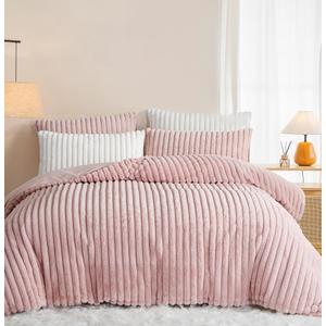 Fluffy Duvet Cover Set Queen Size Pink,Faux Rabbit Fur Plush Fuzzy Furry Bedding Set with Stripped Pattern,Shaggy Winter Warm Comforter Cover with Zipper Closure and 2 Pillow Shams