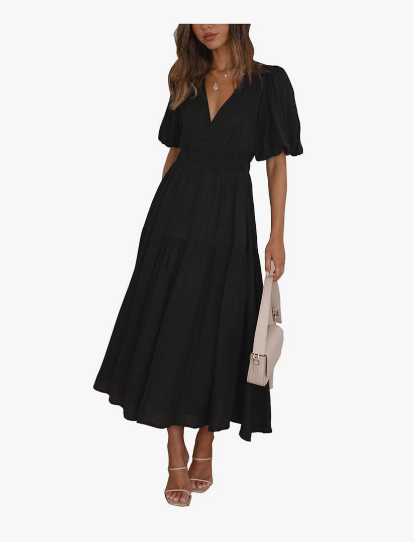 Lucrosun Women's Summer V Neck Short Puff Sleeve A Line Tiered Midi Dress Small