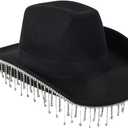 QWINEE Women's Western Rhinestone Tassel Decor Cowboy Hat Halloween Cowgirl Hat Fedoras for Men (Black), 57cm 