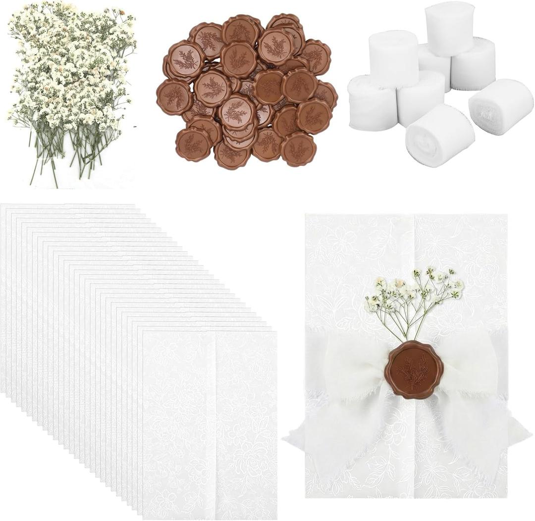 50 Sets Wedding Invitation Kit, Include Pre Vellum Jackets for 5x7 Invitations,Wax Seal Stickers,Dried Flowers and Chiffon Silk Ribbons, Wedding Invitation Accessories for Craft DIY,Silver