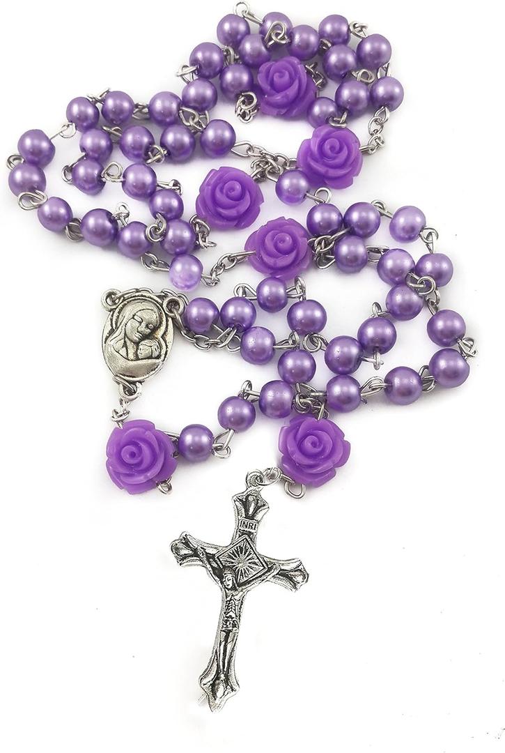 Nazareth Store Catholic Purple Pearl Beads Rosary Necklace 6mm Holy Soil Medal & Cross (1.6" x 1" x 17")