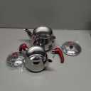 Hakan Stainless Steel 2 L, 67 Oz, Mini Double Bondy Tea Pot Set with Self Strainer Double Lids, Turkish Samovar Style Teapot Set, Tea Kettle for Loose Leaf Tea with Red Bakelite Handle 2.1-Quart