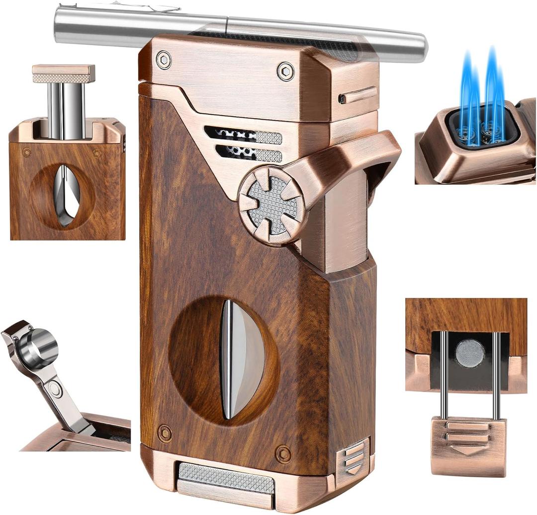 5-in-1 Torch Lighter with V Cutter Holder Punch and Draw Enhancer Tool,Four Windproof Jet Flame Multi-Functional Lighter,Refillable Butane Lighter with Gift Box for Men Mahogany,Without Butane
