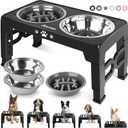 Elevated Dog Bowls, Dog Feeder with 2 Stainless Steel Dishes &1 Slow Feeder Bowl, 5 Heights Adjustable Raised Stand for Medium Large, Food Dishes with Non-Slip Feet (Black)