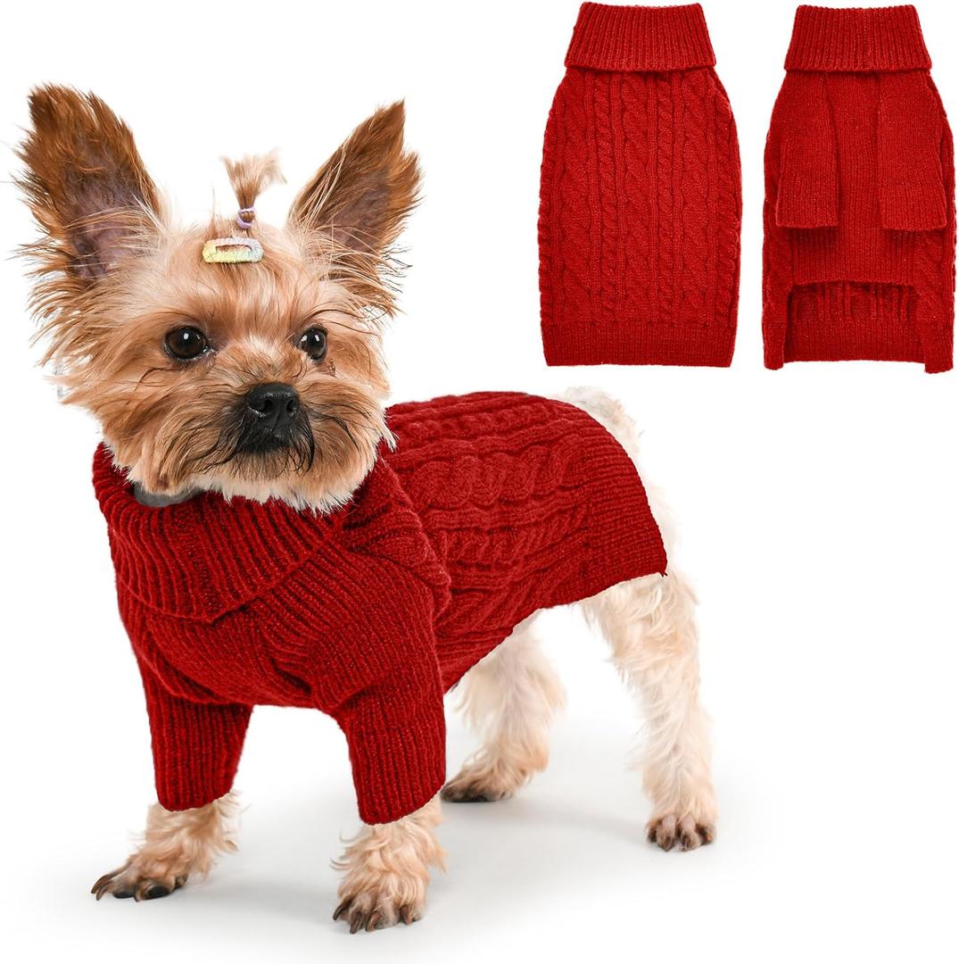 Dog Sweater Turtleneck Pullover Cable Knit for Boys Girls Small Dogs Puppy Chihuahua Yorkie Toy Poodle Pomeranian Winter Stretch Clothes Long Sleeves (S, Red)