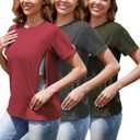 Women's Nursing Shirts for Breastfeeding with Hidden Zipper Short Sleeves 3 Pack Maternity Nursing Tops (Red Wood/Charcoal/Green)