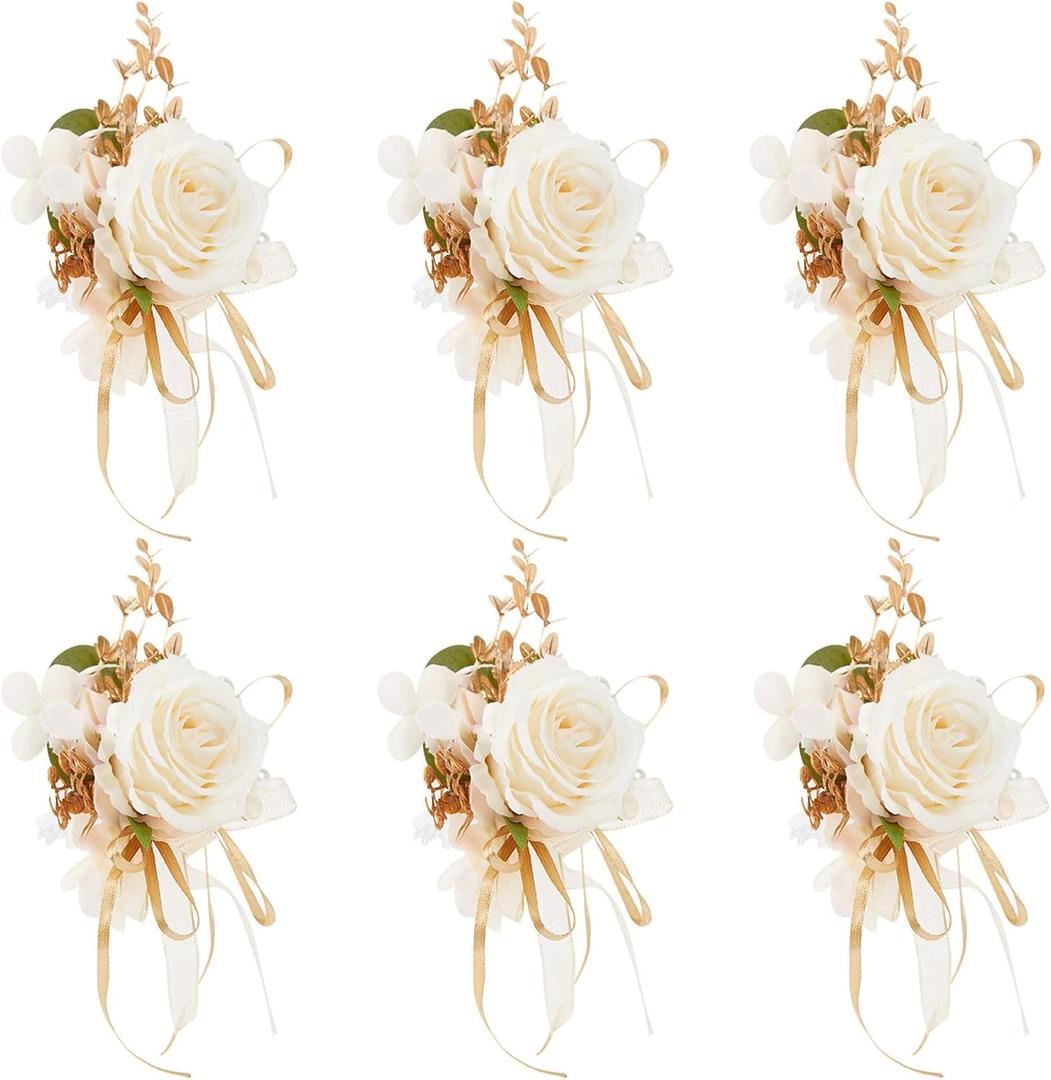 Rose Wrist Corsage for Girls Women Bride Bridesmaid, Set of 6, Champagne Hand Flower Wedding Artificial Flowers Accessories for Prom Party