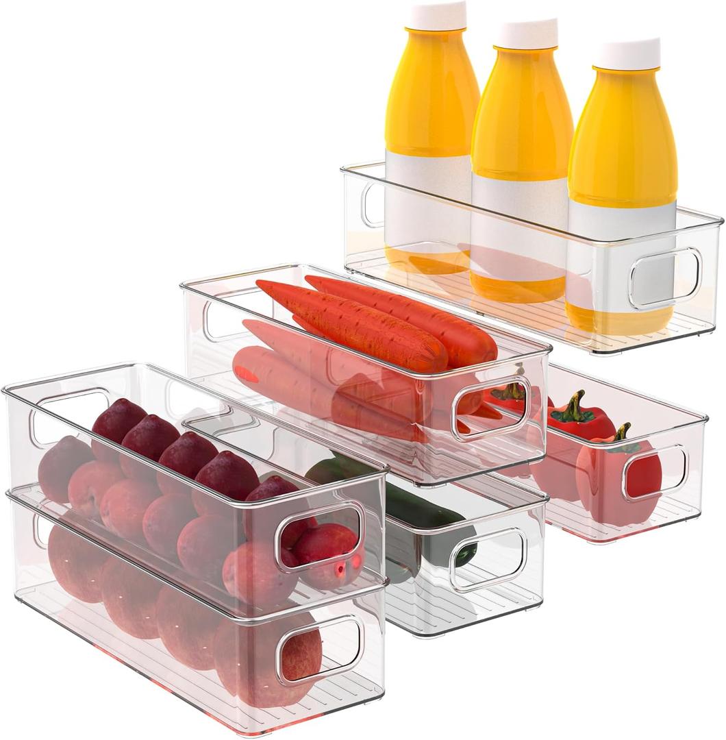 Set of 6 Refrigerator Pantry Organizer Bins - Stackable Fridge Organizers with Handles for Pantry, Freezer, Kitchen, Countertops, Cabinets - Clear Plastic Food Storage Bins