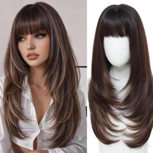 MINLEE Brown Highlights Wig with Bangs for Women Long Wavy Brown Wigs 4x4 Realistic Scalp,26 Inch Layered Brown Hair Wigs Heat Resistant Synthetic Wigs