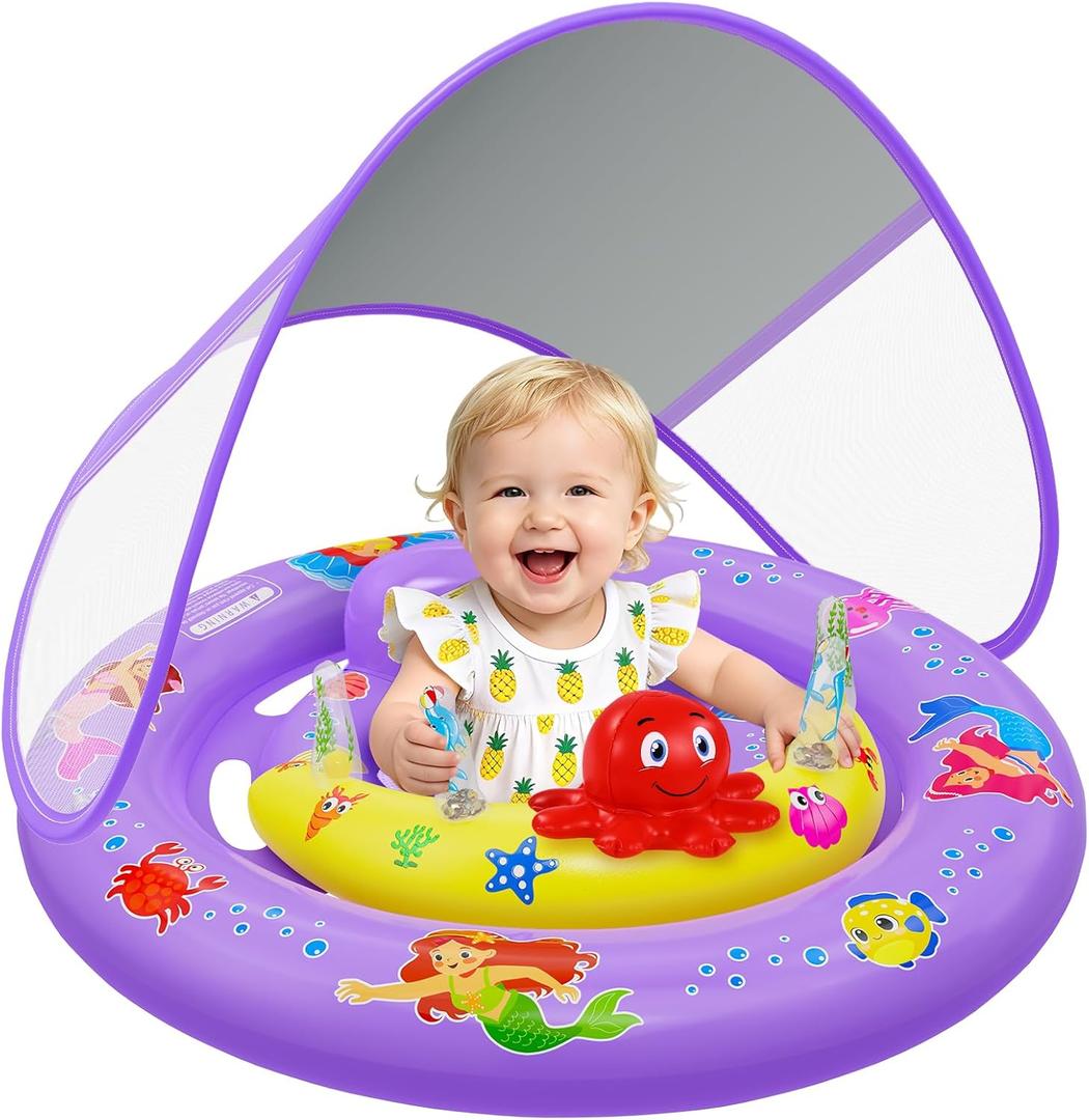 Baby Pool Float with Canopy, Inflatable Baby Swim Float with UPF50+ Sun Protection, Toddler Infant Pool Float with Toy Play Console Adjustable Safety Seat for Kids Girls Boys Aged 6-36 Months