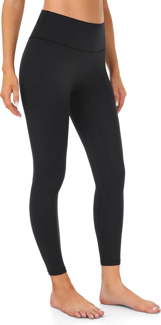 YUNOGA Womens High Waist Workout Leggings - 25 inches No Front Seam Tummy Control Yoga Pants (Large, Black)