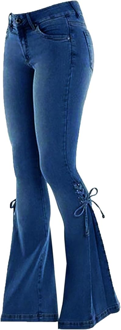 Womens Side Lacing Bell Bottom Jeans Stretch Butt Lifting Vintage Washed Jeans Skinny Flare Pants (XX-Large, Dark Blue)