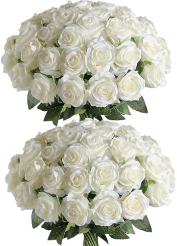 Veryhome 36Pcs Artificial Roses Realistic Fake Flowers Bulk Long Stem Silk Faux Roses Bouquet for Wedding DIY Home Decor Bridal Table Centerpieces Party Arrangements Gifts (White)