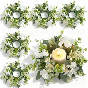 Leooomap 6 PCS Hydrangea Flower Candle Rings, 11.4" Flower Rings for Centerpieces, White Artificial Floral Candle Wreath Ring for Pillar Candles, Wedding Party Table Decor
