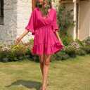 Aoysky Womens V Neck Casual Dresses Summer Loose High Waist Ruffle Pleated Cute Mini Short Dress (Pink, XL)