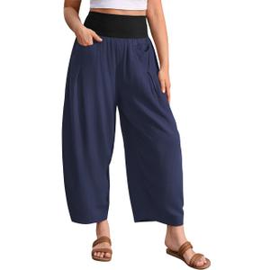 TARSE Womens Linen Harem Pants Loose Fit Boho Casual Trousers Wide Leg Lounge Pants with Pockets (Blue, M)