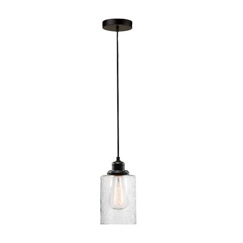 GLOBE Electric 60542 Annecy 1-Light Plug-in or Hardwire Pendant Light, Dark Bronze, Seeded Glass Shade, 15ft Black Fabric Cord, in-Line On/Off Switch, Bulb Not Included
