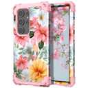 PIXIU Unique Flower Pattern Compatible with Samsung Galaxy S24 Ultra case,Heavy Duty Dual Layer Shockproof Full-Body Protective Sturdy Hybrid Cute Rugged Case for Women,Girls,Kids-Pink Floral