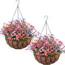 2 Pack Artificial Hanging Flowers in Basket for Porch Home Artificial Camellia Arrangement Fake Porch Plants 12 inch Coconut Lining Basket for Outdoors Indoors Decor(Mixed Colors)