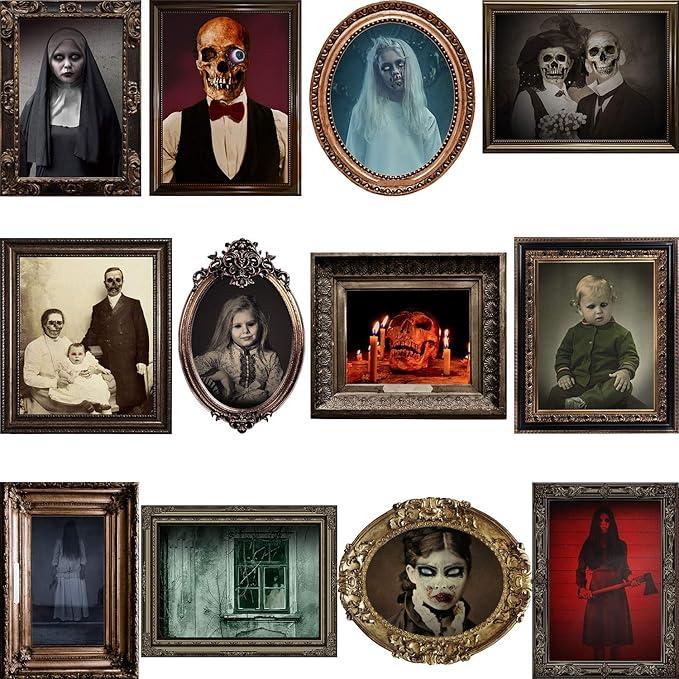 DUAIAI Halloween Decorations, 12 Pieces Laminated Halloween Gothic Decor Poster Frames Durable Haunted House Creepy Portraits Pictures Spooky Home Decor