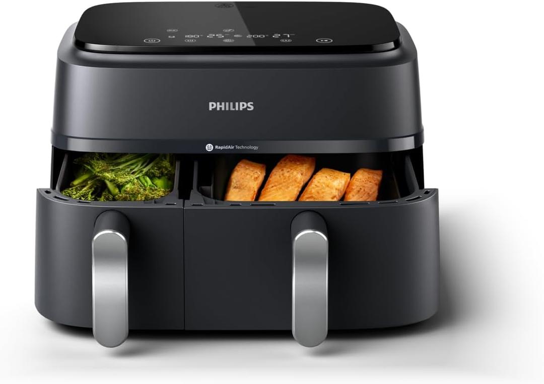 Philips Dual Basket Air Fryer 3000 Series 8-in-1 functions, 9.5 Quarts Airfryer, 2 Drawers, Auto-sync Cooking Time, 90% Less Fat, Rapid Air Technology, HomeID App, Dishwasher Safe, Black (NA351/00)