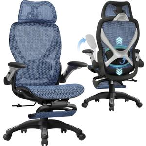 ELABEST X100 Ergonomic Office Chair with Footrest, Big and Tall Home Desk Chair with 5D Flip-Up Arms, Adjustable 3D Lumbar Support,High Back Rolling Computer Chair, Swivel Mesh Chairs (Oaxaca Blue)