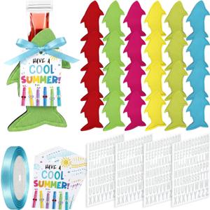 LemonRoad 24 Sets End of Year Gift Includes 24 Pcs Reusable Ice Lolly Sleeves, End of the Year Gifts Ice Pop Sleeves, with A-Z Heat Transfer Letters Cards Ribbon for Prizes Summer Party(Shark)